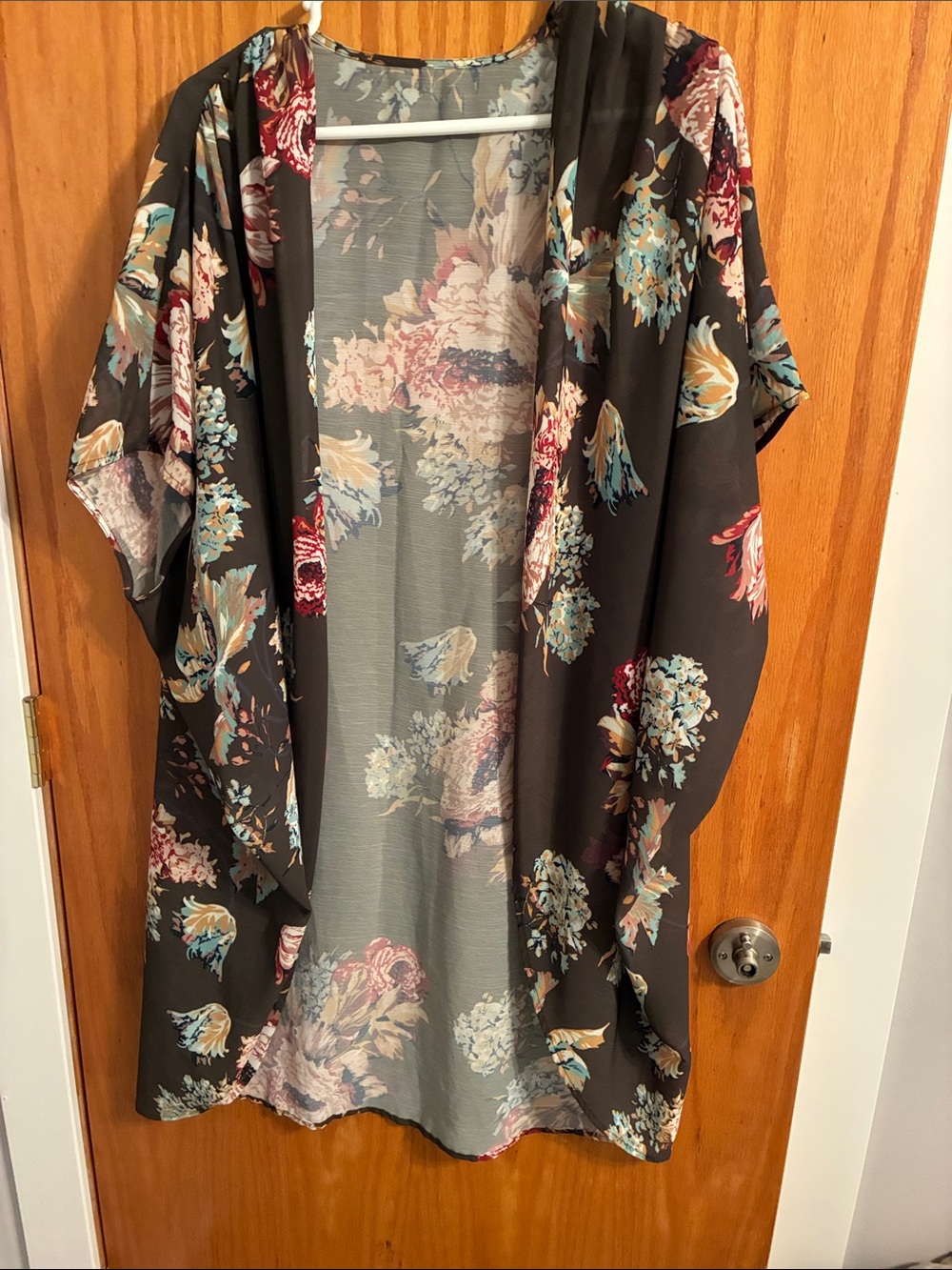 Floral Open-Front Kimono in Black with Multicolor Blooms